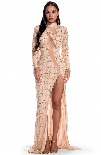 new style sequins embroidered fringed stitching mesh sexy high slit gown