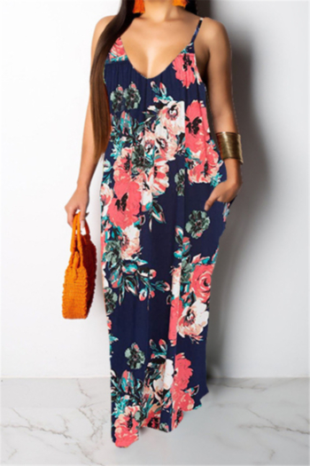 summer 2 colors plus size new style flowers batch printing sling maxi dress