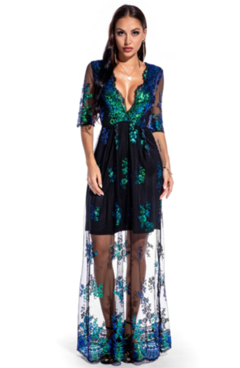 four colors sequin embroidered stitching mesh deep v-neck retro gown