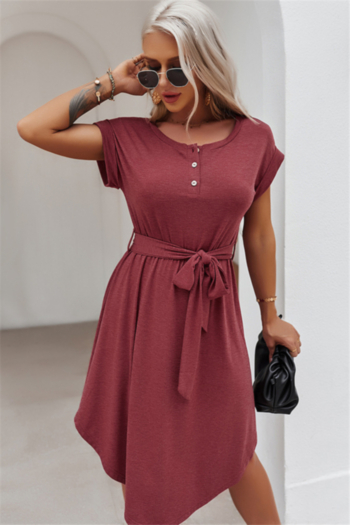 new style solid color 4 colors round neck cotton leisure loose dress (with belt)