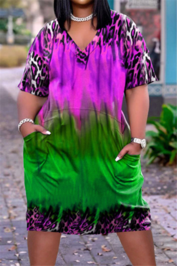 leopard gradient print plus size contrast color loose v-neck dress (new add size)