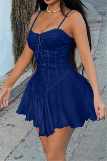 plus size 3 colors solid color lace-up sling low cut sexy denim mini dress