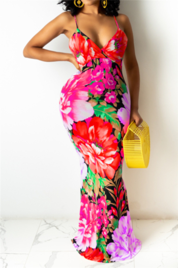 plus size new stylish flowers batch printing sling deep v-neck sexy maxi dress #1#
