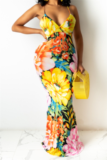 plus size new stylish flowers batch printing sling deep v-neck sexy maxi dress #2#