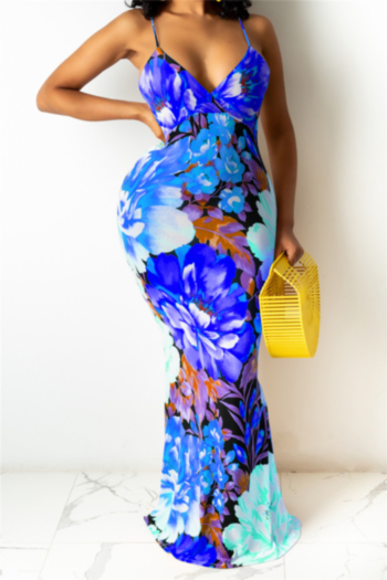 plus size new stylish flowers batch printing sling deep v-neck sexy maxi dress #4#