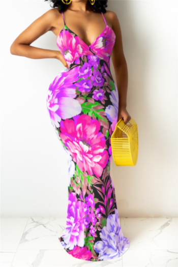 plus size new stylish flowers batch printing sling deep v-neck sexy maxi dress #5#