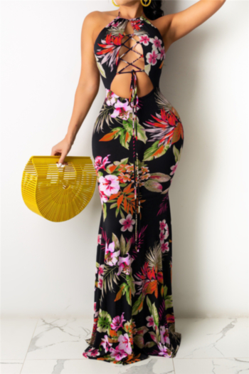 plus size 3 colors halter neck flowers batch printing hollow out sexy maxi dress