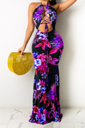 plus size summer halter neck flowers batch printing hollow out sexy maxi dress