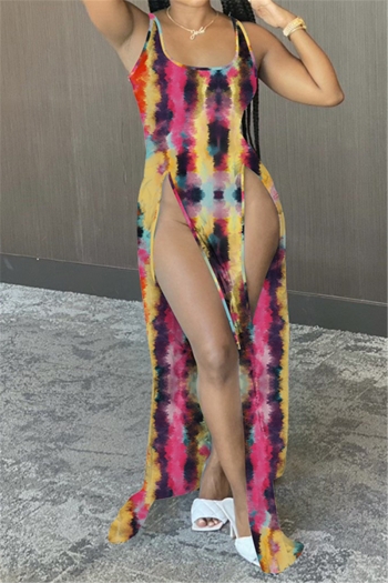 plus size new fashion multicolor batch printing high slit sexy maxi dress