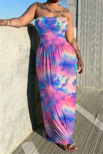 summer new style plus size tie-dye batch printing strapless maxi dress #2#
