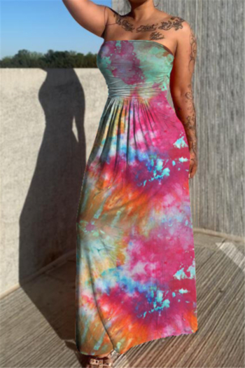 summer new style plus size tie-dye batch printing strapless maxi dress #3#