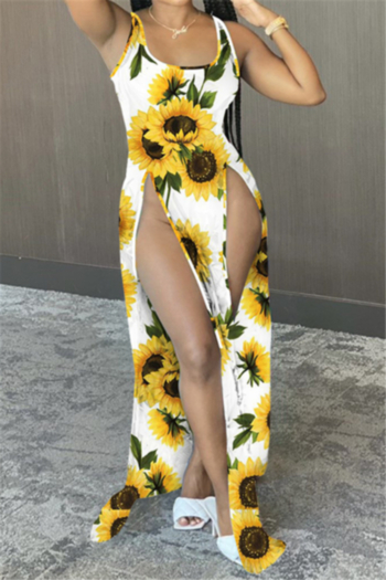 plus size new fashion sunflower batch printed summer sleeveless sexy split dress