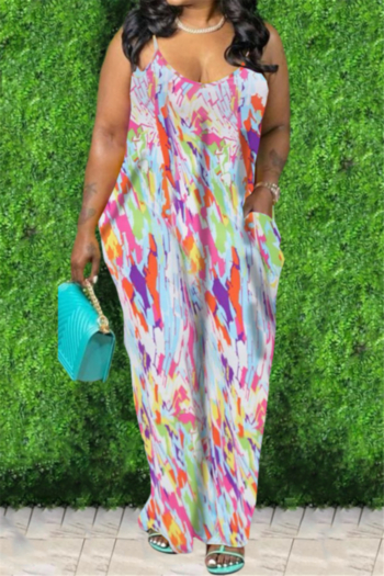 plus size summer sleeveless batch printing with pocket loose maxi dress