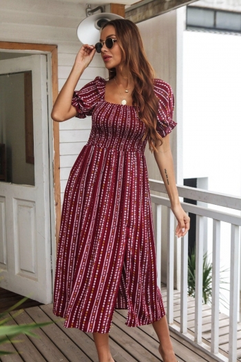 summer holiday style stripe printing casual split midi dress