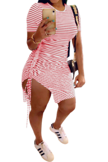 plus summer stripe sexy drawstring irregular elastic mini dress