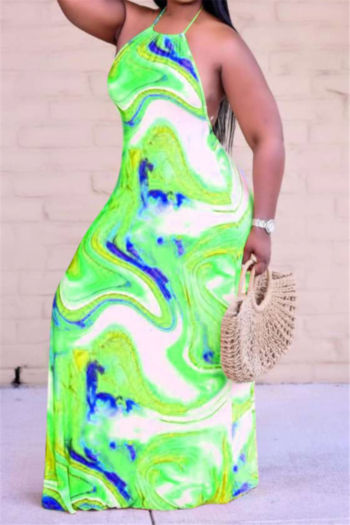plus size 4 colors summer tie dye batch printing sexy halter-neck backless loose maxi dress