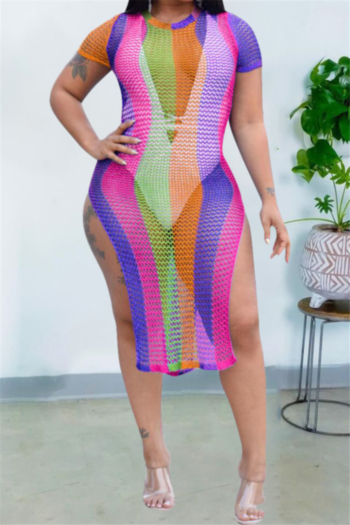 plus size summer colorful stripe batch printing high split midi dress
