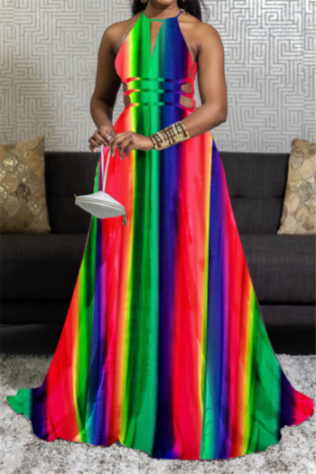 summer new stylish colorful stripe batch printing backless halter-neck retro sexy maxi dress