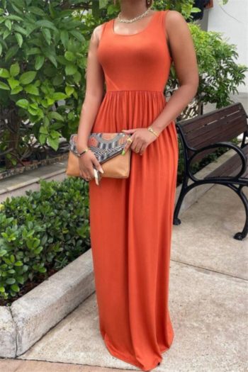 four colors summer plus size solid color round neck simple sleeveless maxi dress