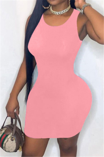 plus size pure color 2 colors sleeveless new stylish round neck tight slim dress