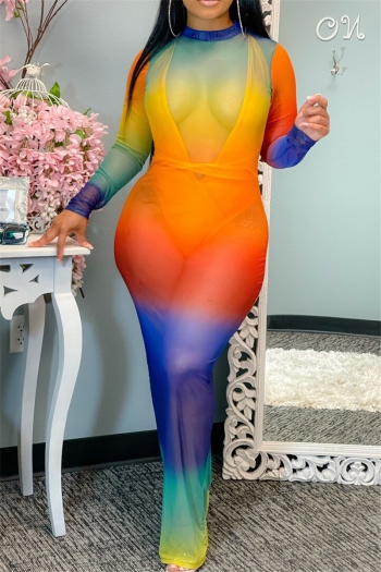 multicolor printing plus size long sleeve without lining mesh see through sexy maxi dress