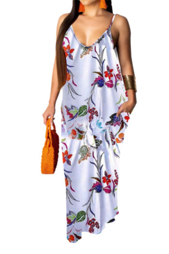 plus size 3 colors flowers batch printing sling v-neck pockets loose maxi dress