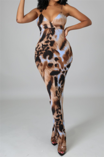 new stylish summer leopard batch printing sling v-neck sexy slim maxi dress