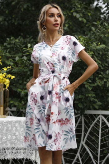 plus size new stylish summer batch printing v-neck button dress (with belt) #4#