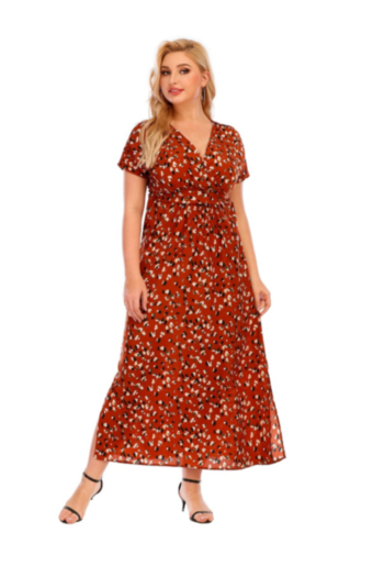 oversized new stylish floral batch printing v-neck short sleeve split dress