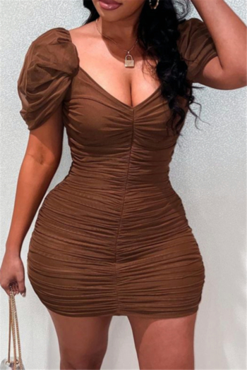 plus size 2 colors solid color v-neck short sleeve simple pleated sexy slim dress