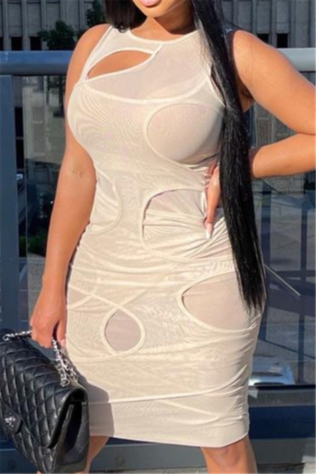 plus size three colors solid color sleeveless summer mesh hollow out sexy dress