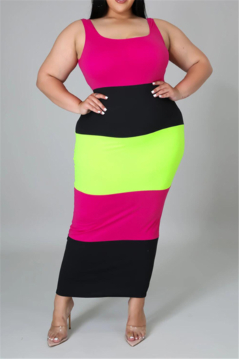 plus size summer contrast color stitching l-5xl sleeveless 2 colors maxi dress