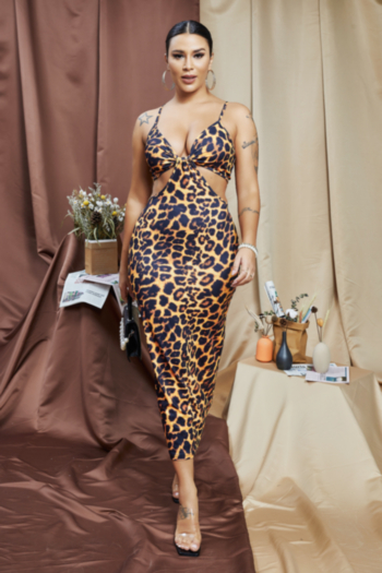 plus size hollow out summer leopard batch printing new stylish sexi midi dress