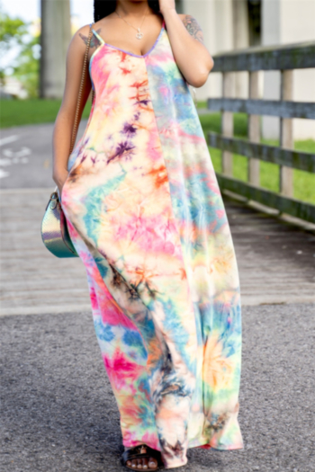 plus size new stylish summer multicolor batch printing sling loose maxi dress #5#