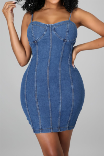 plus size new style solid color summer stretch back zip-up sling all-match denim mini dress