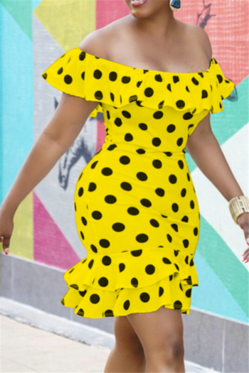 summer off shoulder plus size dot batch printing new stylish ruffle stretch slim mini dress