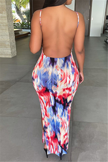 summer open back multicolor batch printing sling stretch sexy maxi dress