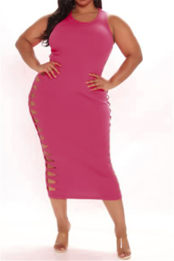 plus size xl-5xl solid color side hollow out round neck stretch summer midi dress