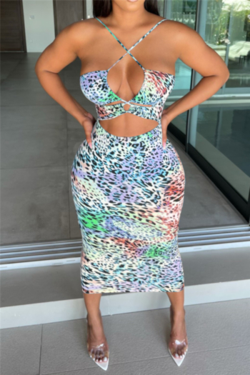 plus size 3 colors leopard batch printing summer new stylish hollow out sling stretch midi dress