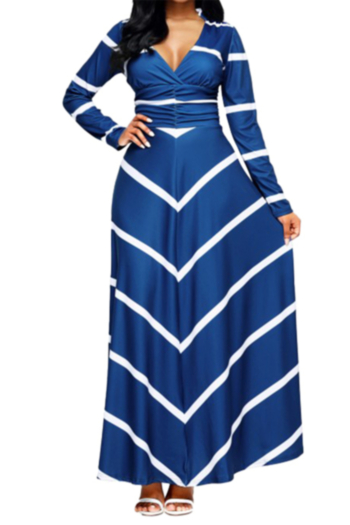 plus size new stylish batch printing v-neck long sleeve autumn micro elastic maxi dress