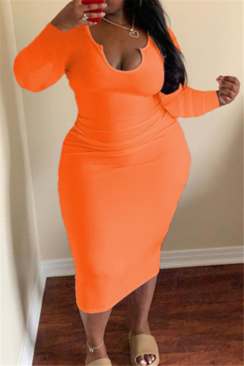 plus size 4 colors solid color xl-4xl autumn new style v-neck long sleeve stretch midi dress