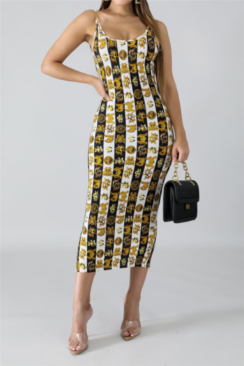 plus size summer new stylish patterns batch printing sling stretch slim midi dress