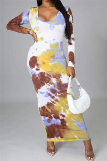 long sleeve autumn new stylish plsus ize stretch multicolor batch printing maxi dress.