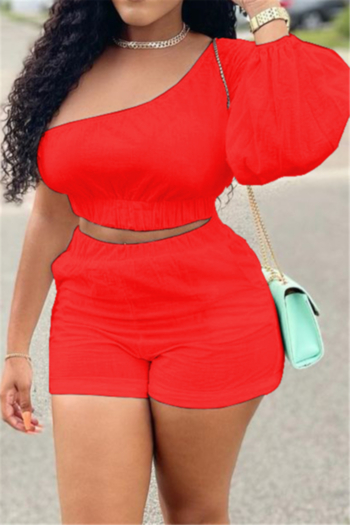 long sleeve plus size new style summer one shoulder pockets inelastic two-piece set