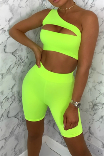 summer solid color hollow out new stylish one shoulder stretch two-piece set