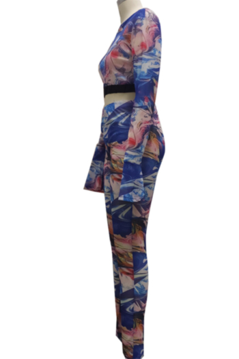 Plus size batch printing spring flare sleeve high elastic mesh new stylish two-piece set
