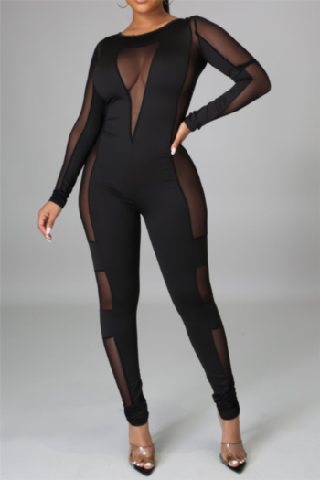 autumn solid color stitching mesh plus size nightclub stretch tight jumpsuit