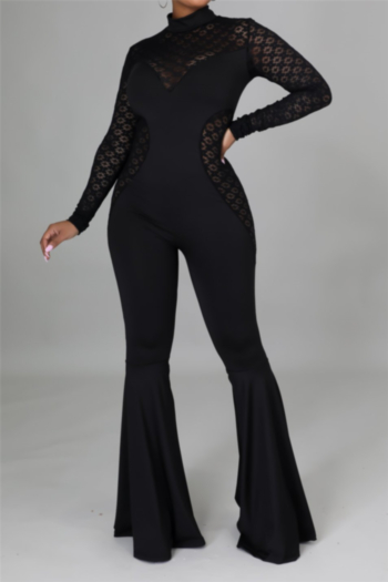 autumn solid color stitching lace hollow out plus size stretch new stylish flare jumpsuit