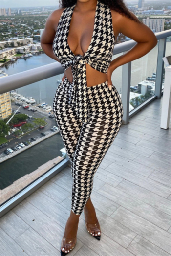 summer new plus size lace-up houndstooth batch print v-neck micro-elastic two-piece set