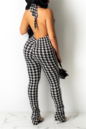 summer new style plus size houndstooth batch print halter neck low cut micro elastic jumpsuit